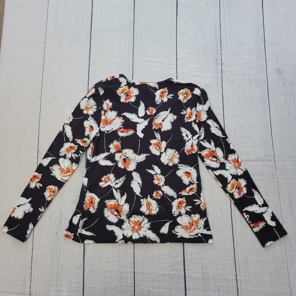 ST JOHN Floral Print V Neck Long‎ Sleeve Top Womens Size S Black Orange White